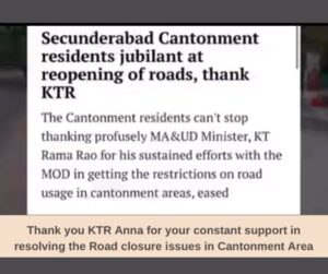 Read more about the article A sigh of relief to our Cantonment #residents – Thank you @KTRBRS anna on behalf…